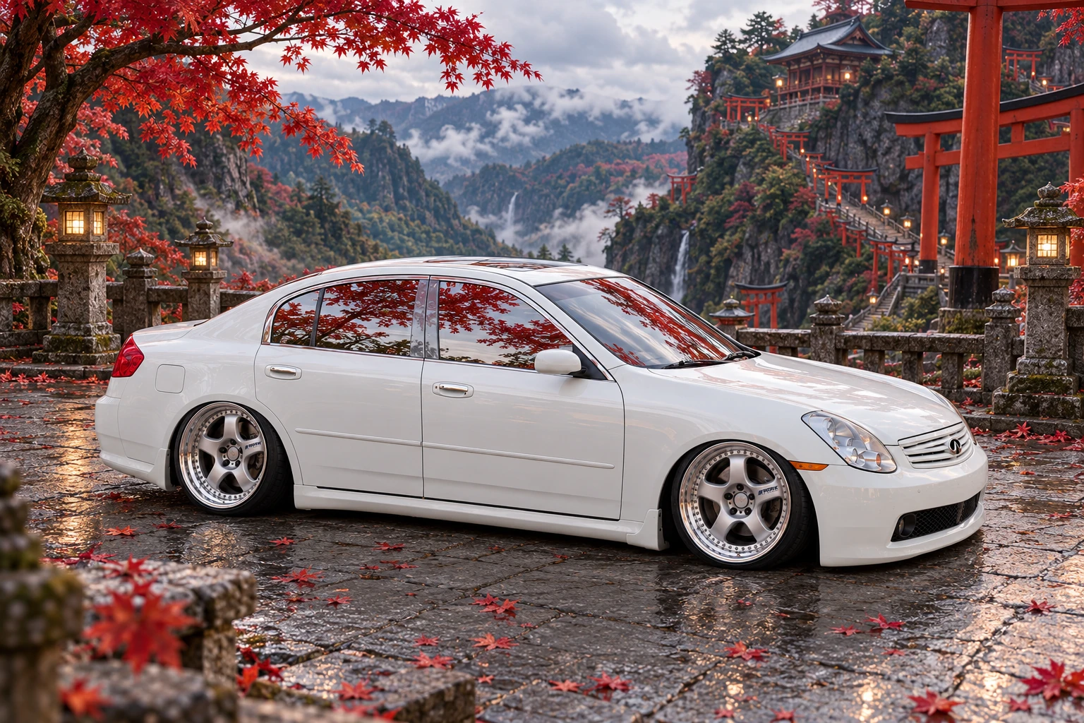 Side profile of Tony beside misty torii gates and red autumn foliage.