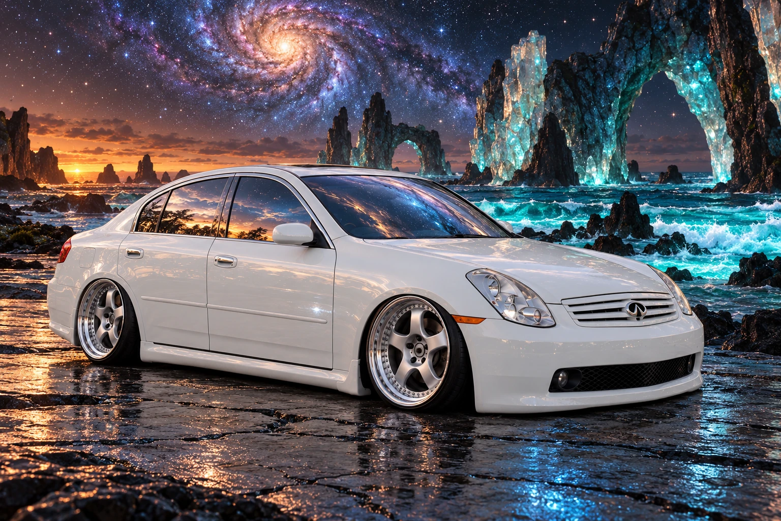 Front three-quarter view of Tony on a cosmic beach with glowing turquoise surf, stone arches, and a spiral galaxy.