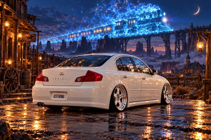 White Infiniti Beneath the Ghost Train.