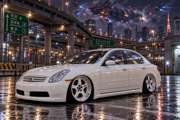 Rainy Tokyo Interchange, White Nismo Infiniti.