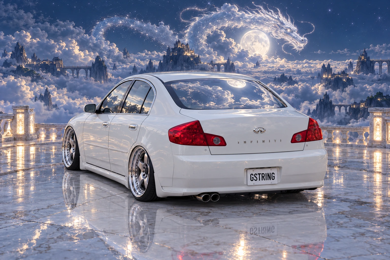Rear three-quarter view of Tony above a sea of clouds beneath a luminous cloud dragon.