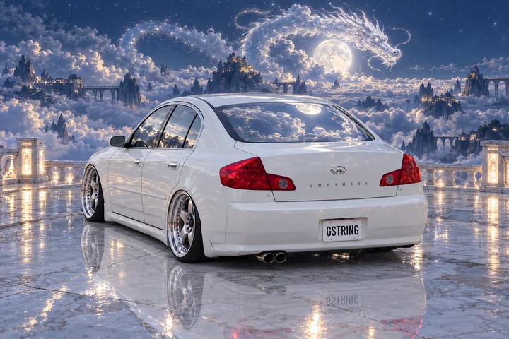 Rear three-quarter view of Tony above a sea of clouds beneath a luminous cloud dragon.