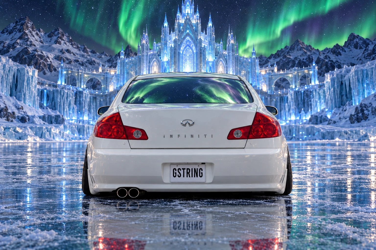 Straight rear view of Tony with a GSTRING plate before an ice palace and green aurora.