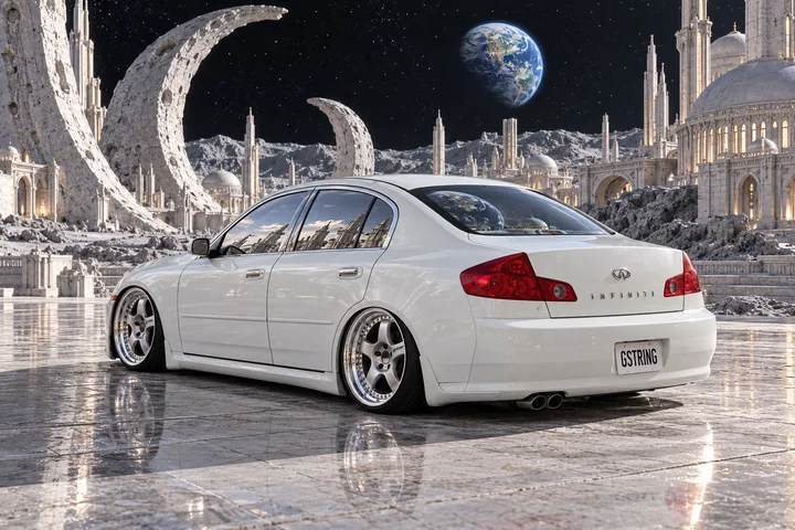 Rear three-quarter view of Tony in a lunar city of white domes beneath Earth.