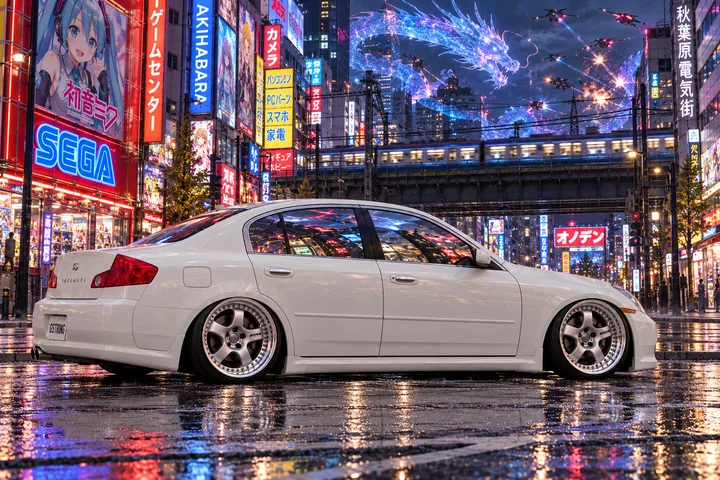 White G35x Under Akihabara’s Holographic Dragon.