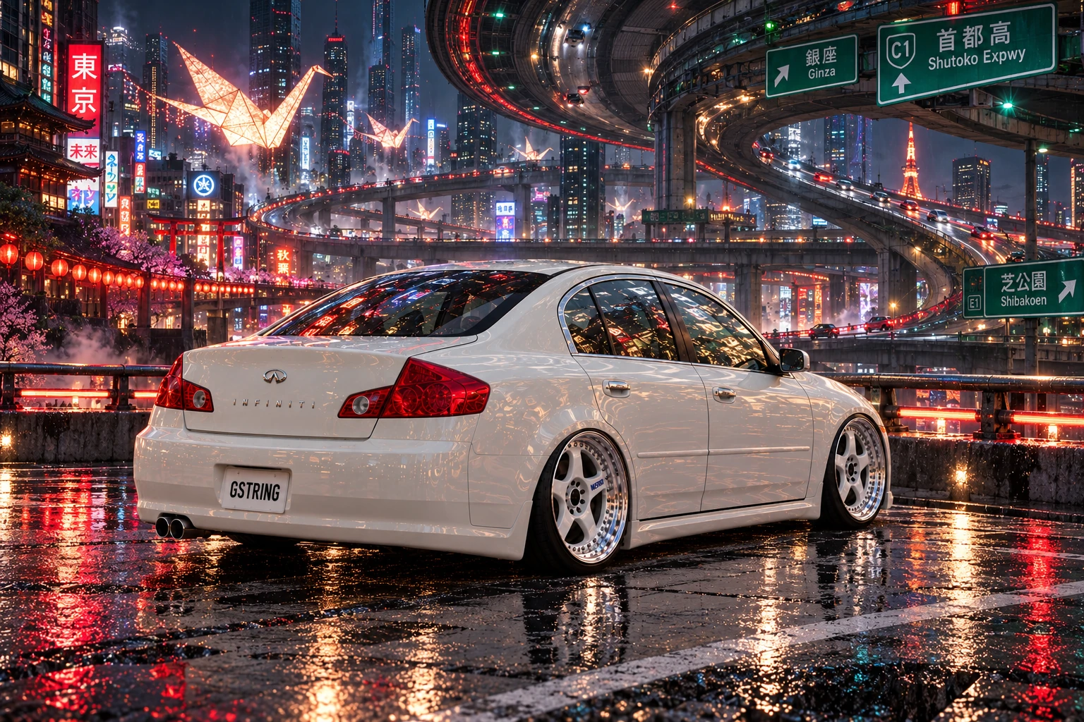 White Infiniti on Tokyo’s Möbius Expressway.