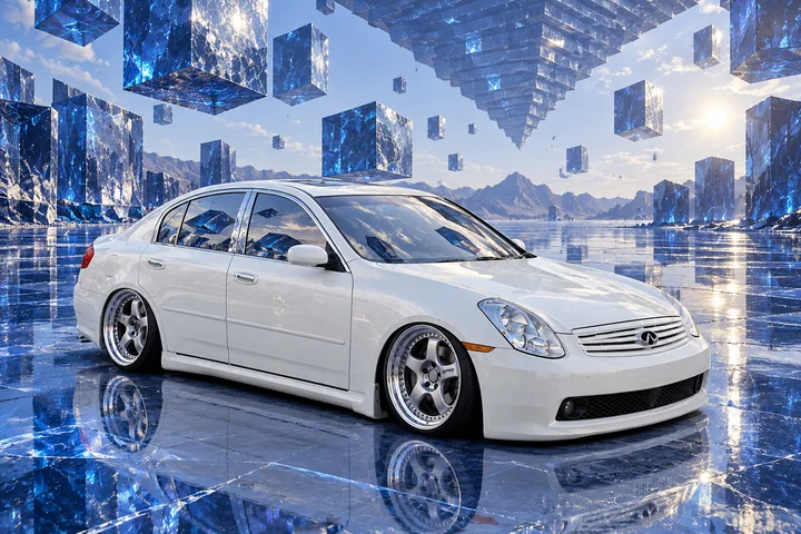 Front three-quarter view of Tony in a cobalt glass desert with floating geometric cubes.