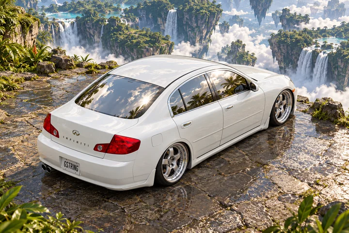 High rear three-quarter view of Tony above floating islands and cascading waterfalls.