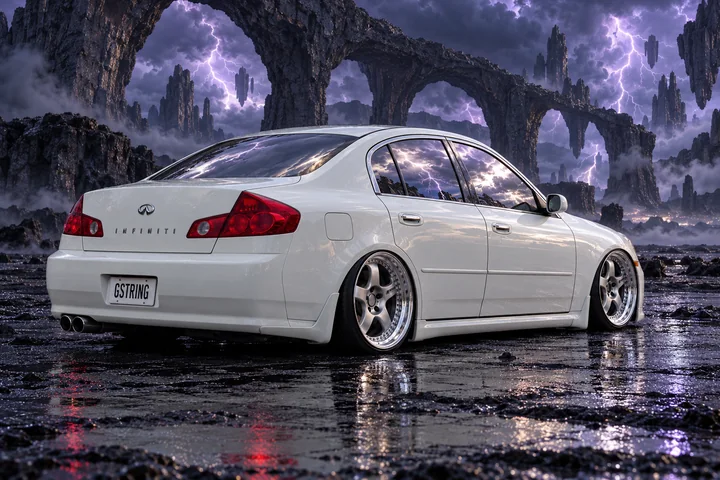 Rear three-quarter view of Tony beneath volcanic arches and violet lightning.