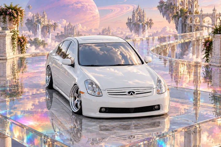 Front three-quarter view of Tony on a reflective palace terrace beneath a pink ringed planet.