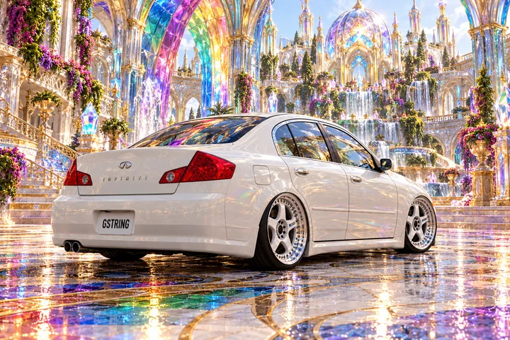 Pearl-white Infiniti in a rainbow crystal palace.