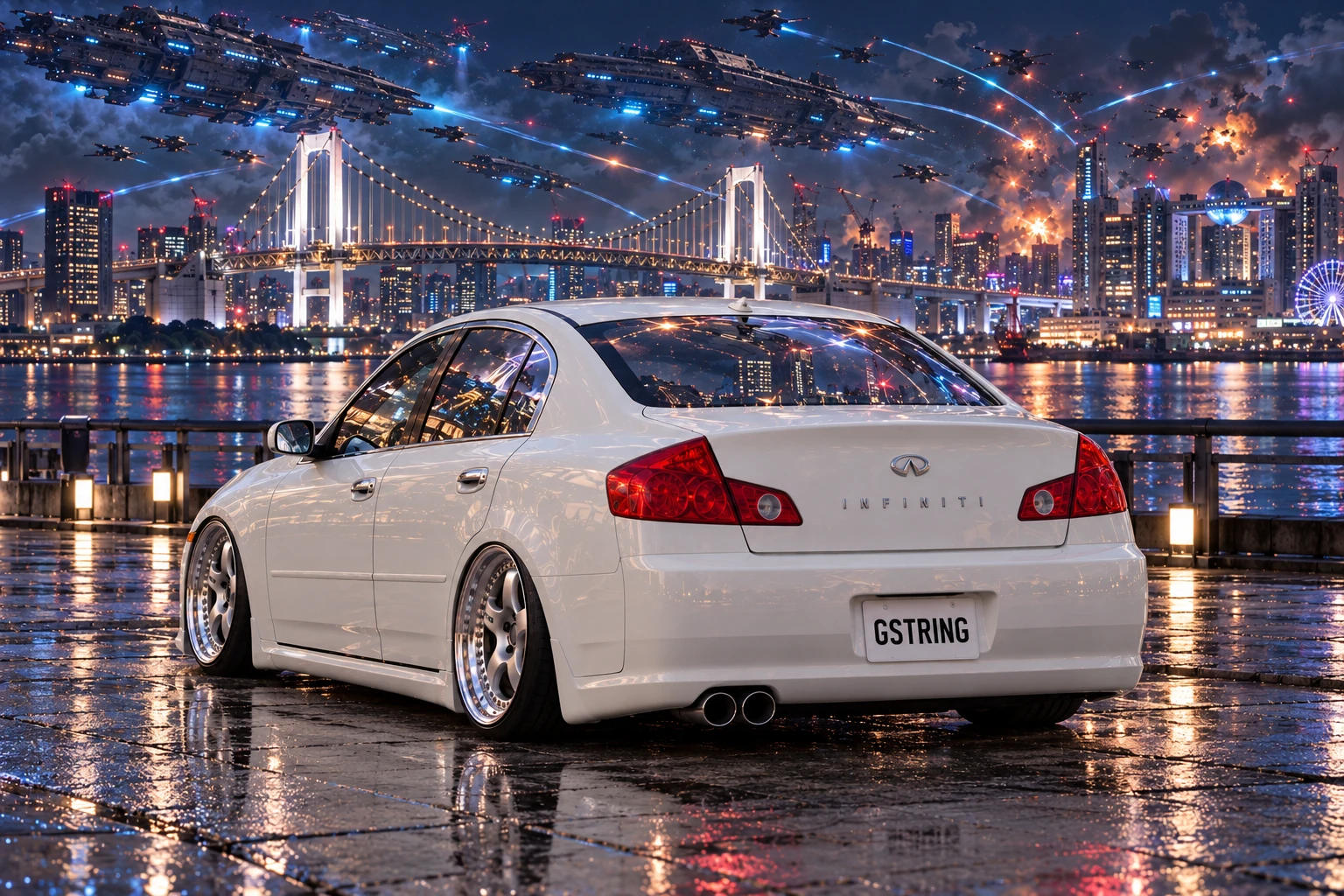 White Infiniti Under Tokyo’s Rainbow Bridge.