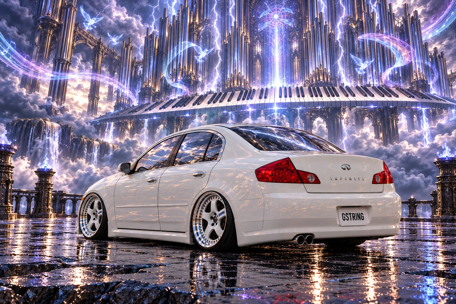 White Infiniti in a thunderstorm cathedral.