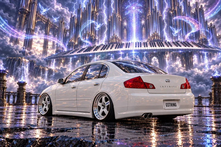 White Infiniti in a thunderstorm cathedral.