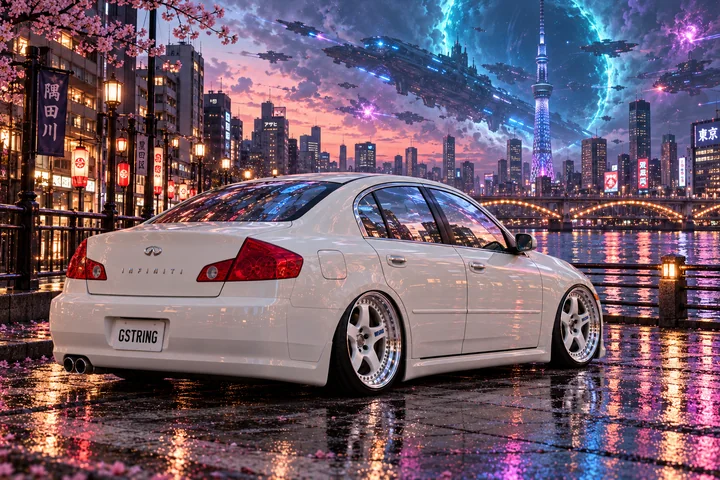 White Infiniti under Tokyo’s cosmic rift.