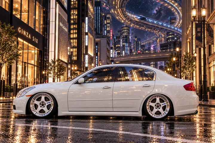Pearl Infiniti beneath Ginza's luminous loop.