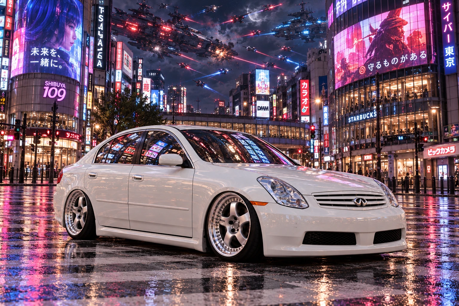 Pearl-white Infiniti in Shibuya's orbital battle.