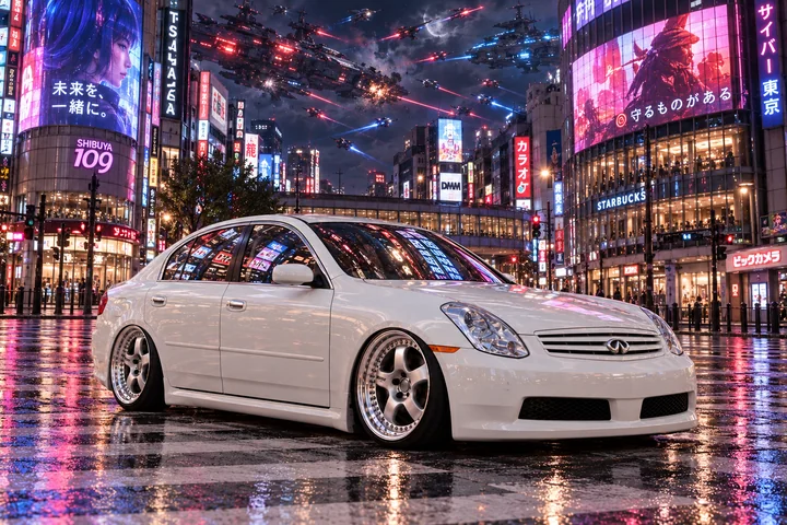 Pearl-white Infiniti in Shibuya's orbital battle.