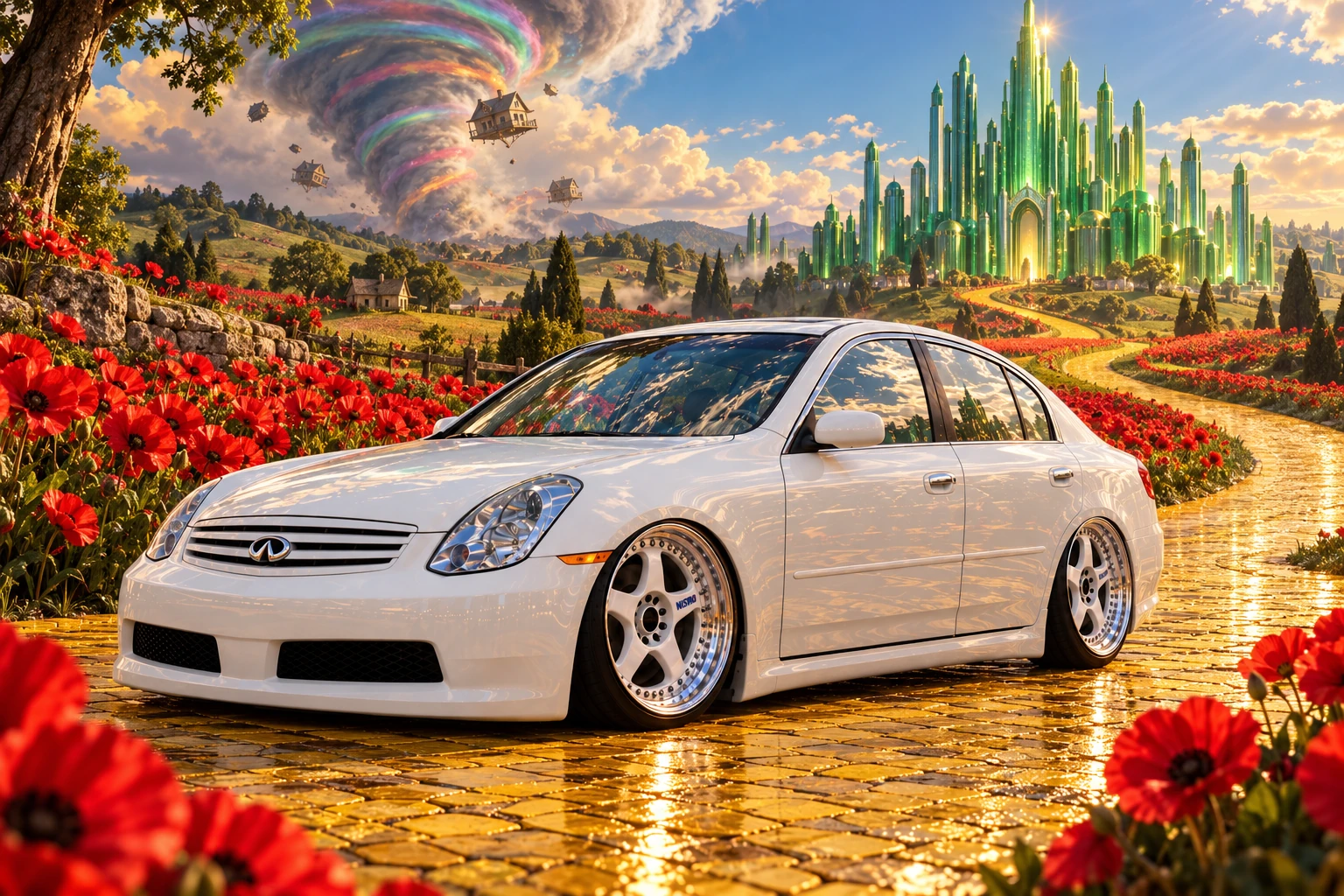 White Infiniti on a Yellow Brick Road.