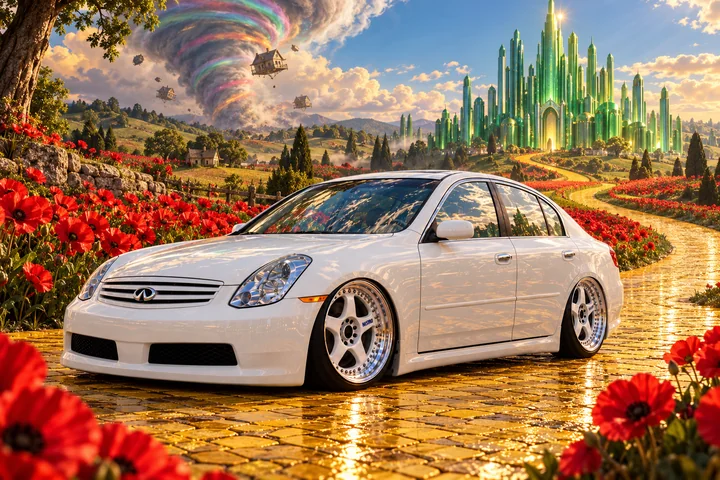 White Infiniti on a Yellow Brick Road.