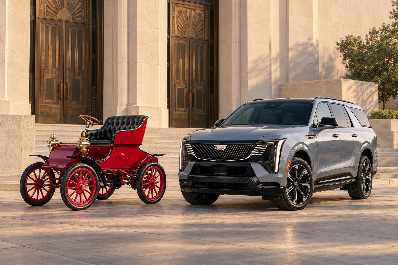 1903 Model A Runabout beside 2026 model year · introduced 2025 Escalade IQL