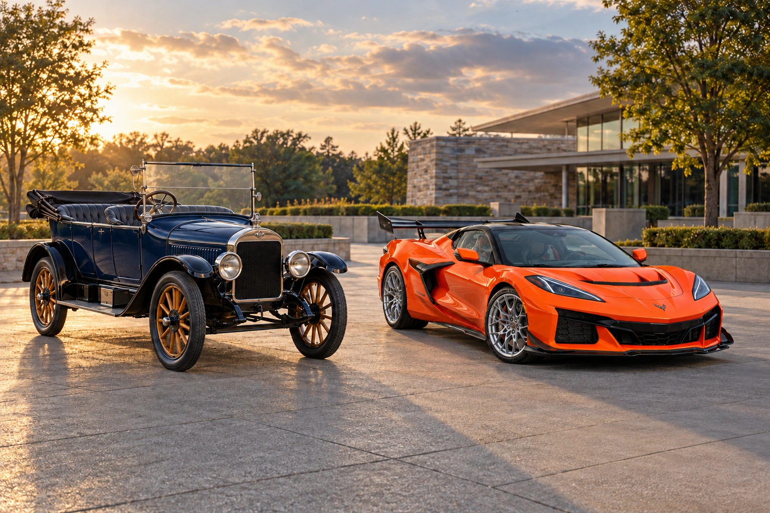 1912 Classic Six Series C beside 2026 Corvette ZR1X