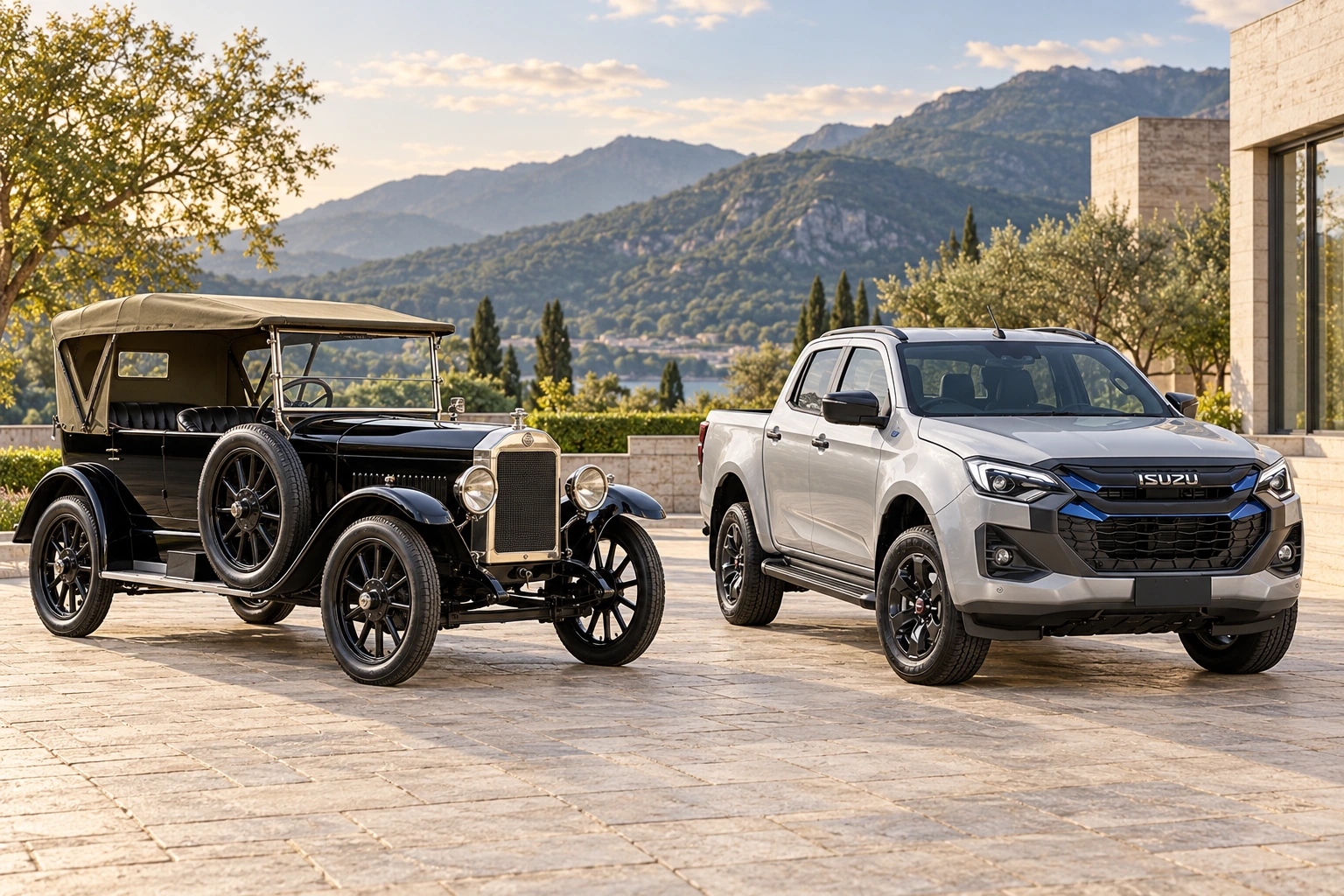 1922 Wolseley A9 beside 2025 D-Max EV