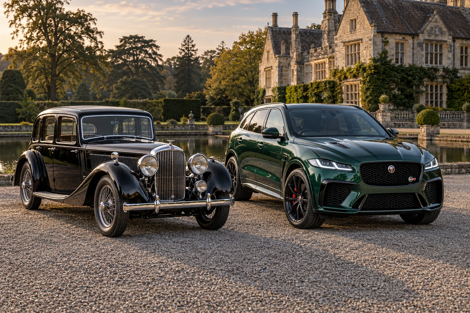 1935 SS Jaguar 2½ Litre Saloon beside 2025 F-PACE SVR