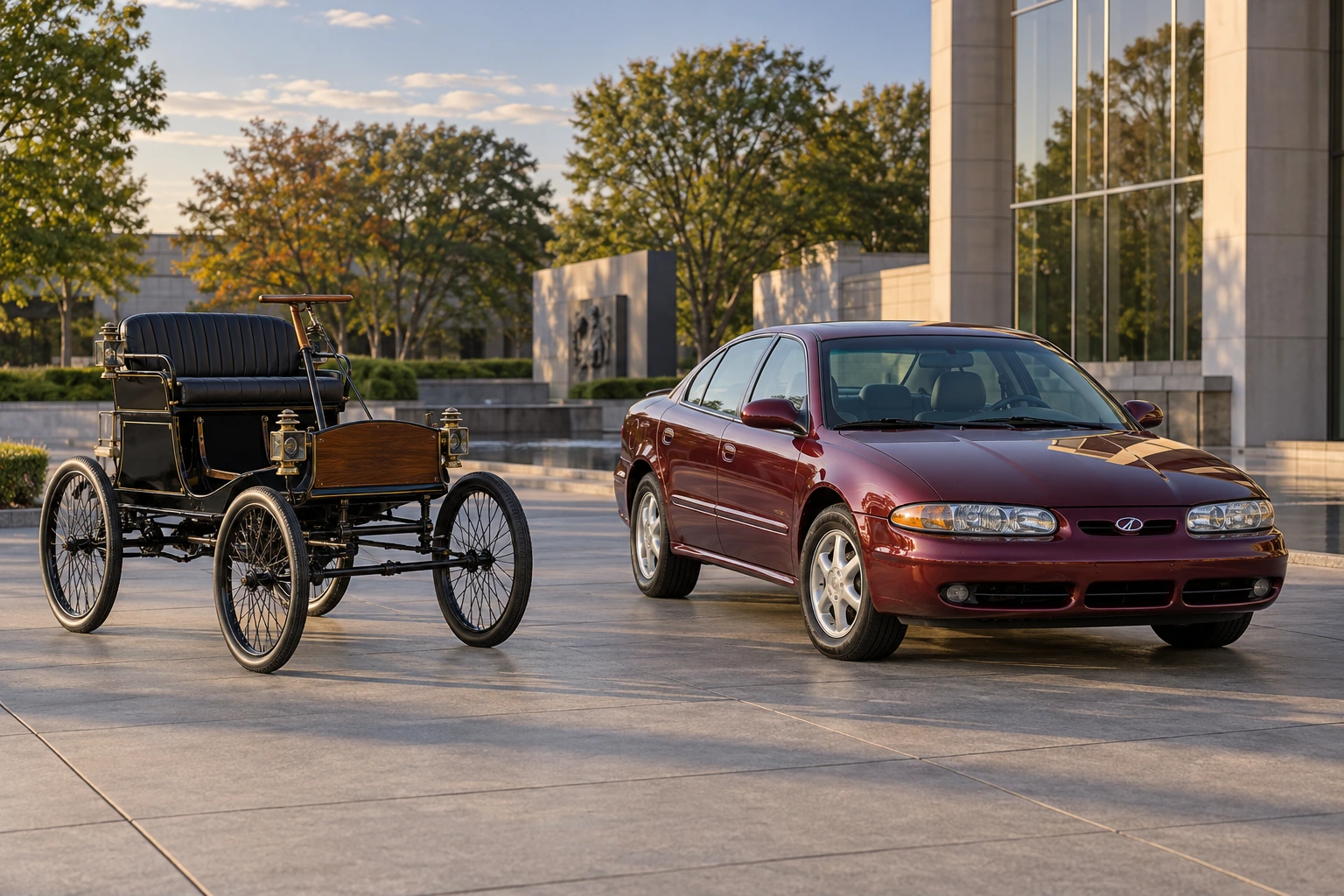 1901 Model R Curved Dash beside 2004 Alero sedan