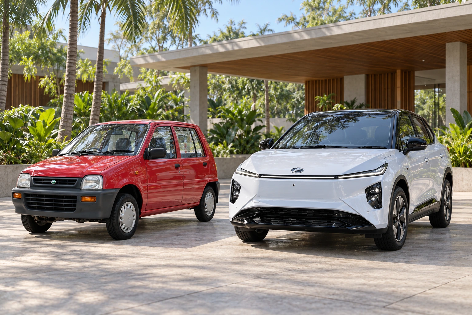1994 Kancil beside 2025 QV-E