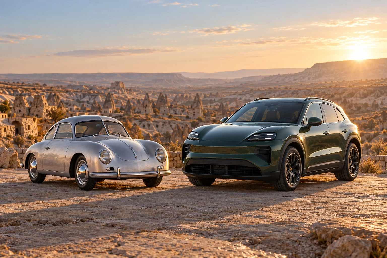 1948 356/2 Gmünd Coupé beside 2026 Cayenne Electric