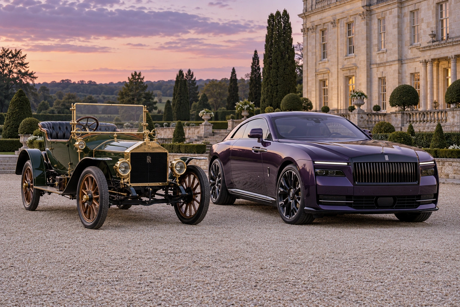 1904 10 H.P. beside 2025 Black Badge Spectre