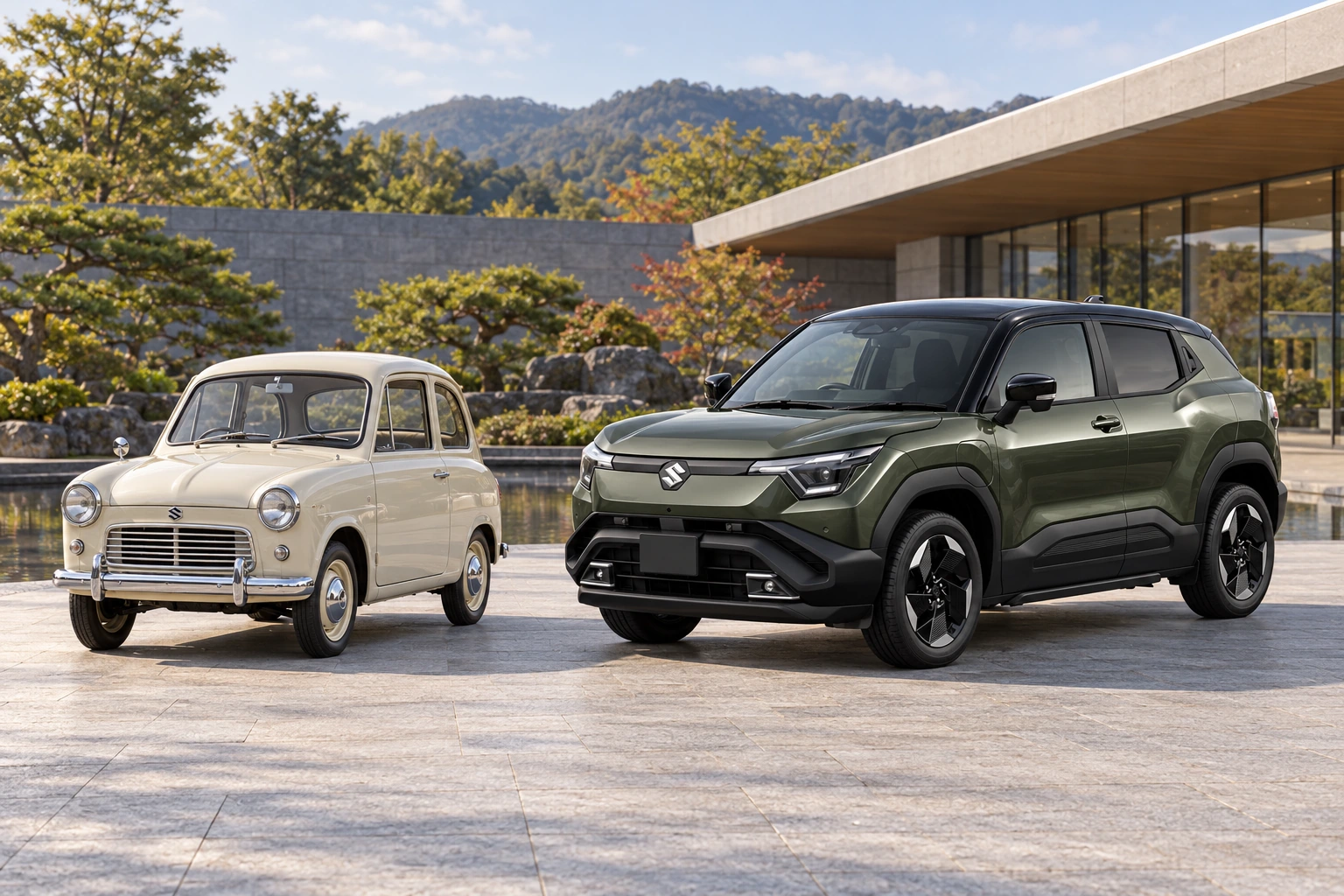 1955 Suzulight beside 2025 e VITARA