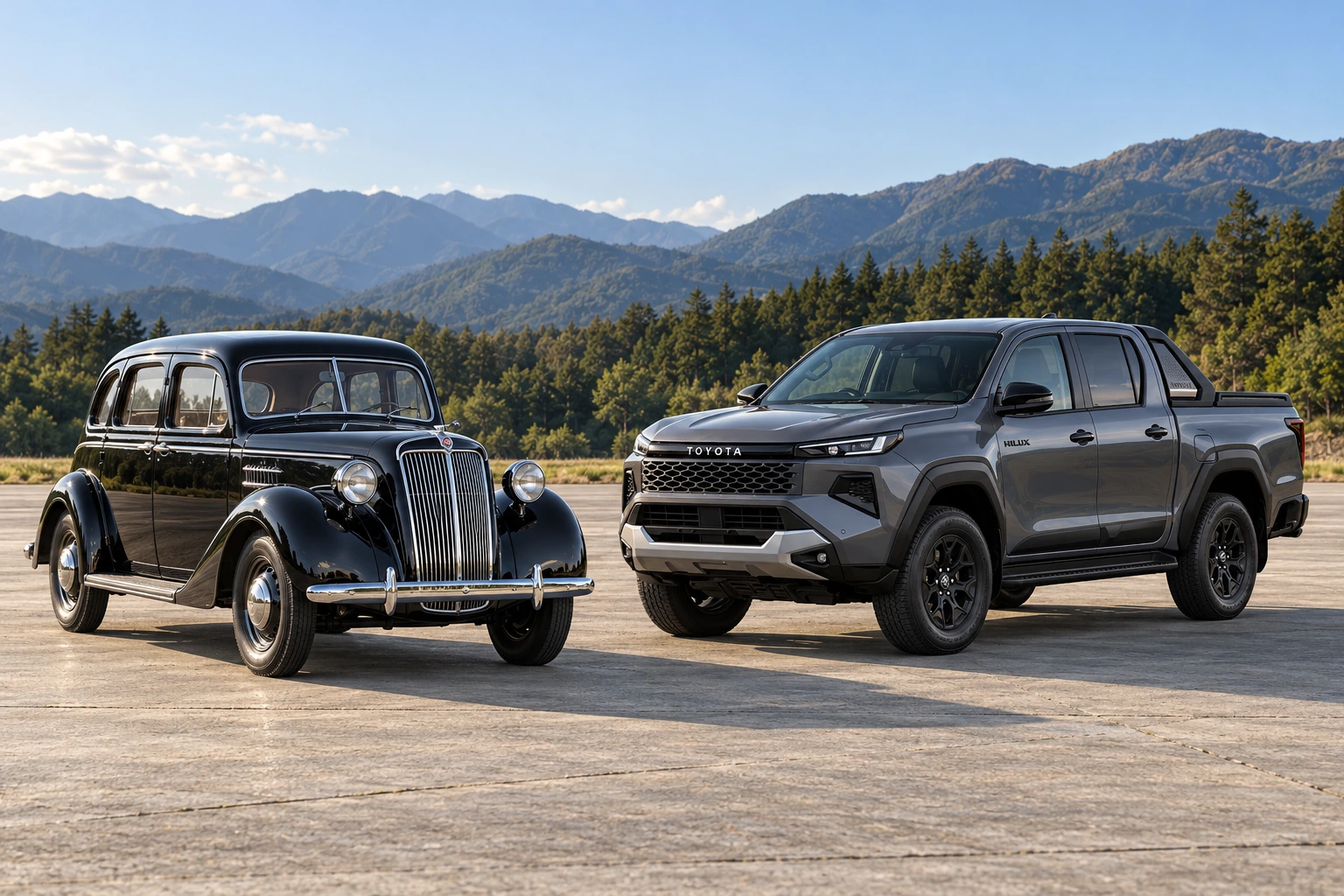 1936 Toyoda Model AA beside 2026 Hilux
