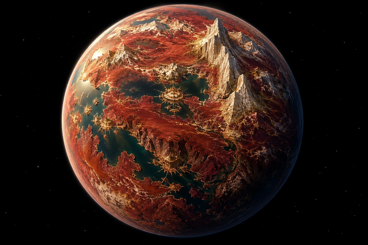 Crimson Crown, a detailed fictional planet inspired by Hongqi