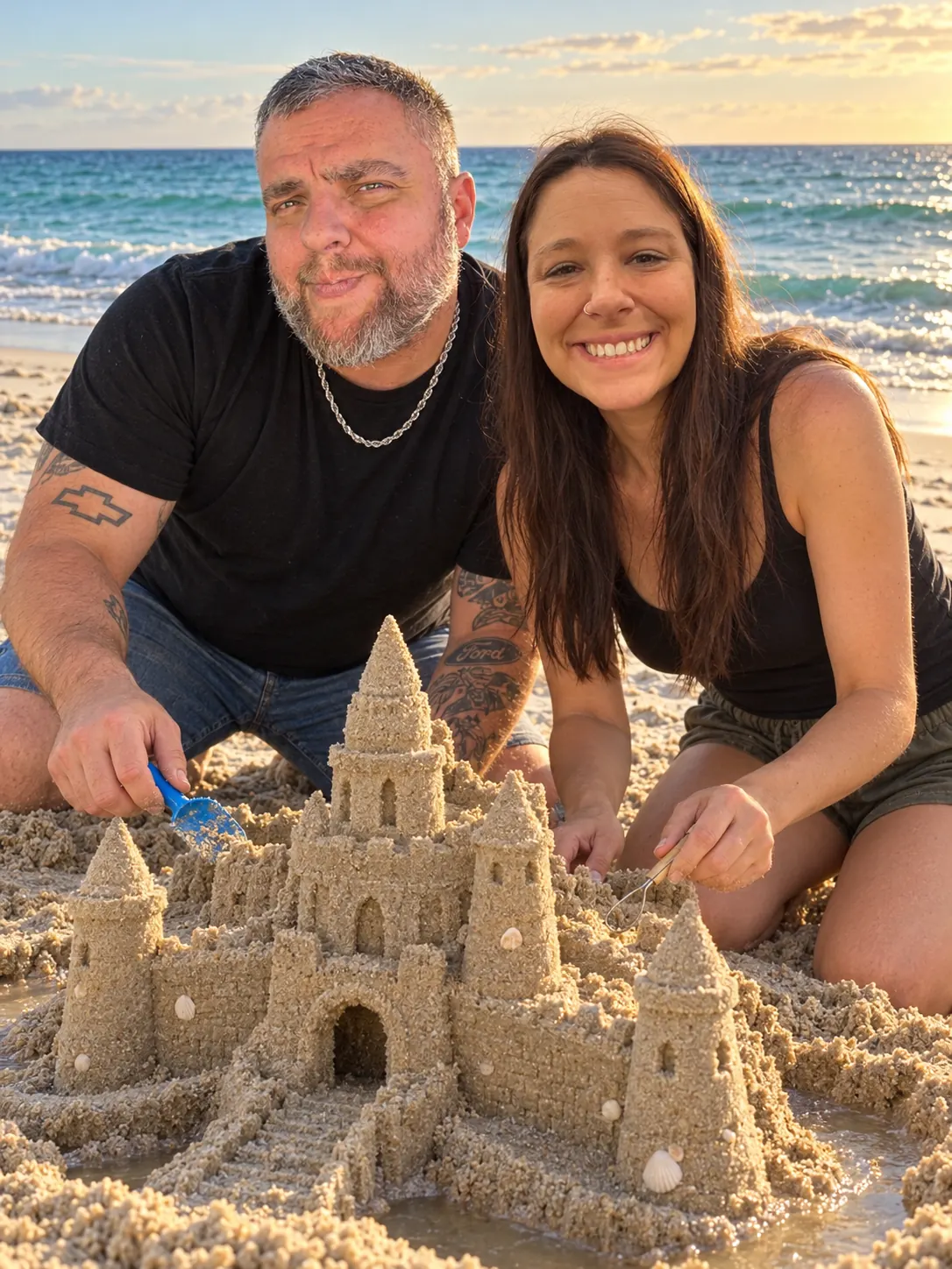 Frenchi and Eljay build a sandcastle